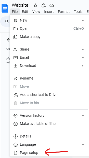 page set up gogle docs
